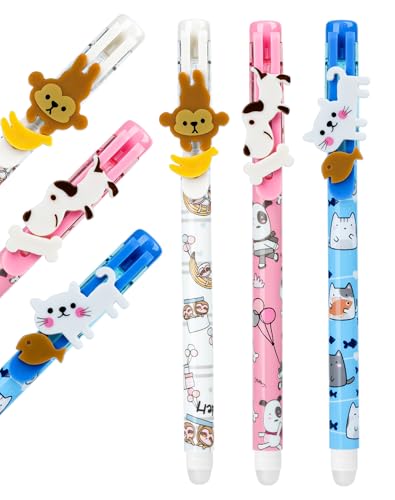 NETONDA 3 Radierbarer Kugelschreiber Radierstift Gelstifte radierbar Tintenroller Löschbarer Stift Erasable Pen Tierstifte 3 Animal Erase it Stifte für Kinder Studenten Schule(Blau) von NETONDA
