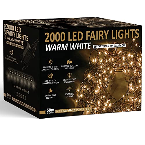 NETTA Weihnachtsbaum-Lichterkette, 2000 LEDs, 50 m, warmweiß, 2,5 cm, Abstand, Lichterkette mit Timer und Speicherfunktionen, geeignet für den Außen- und Innenbereich von NETTA