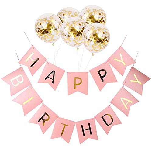 NETUME Geburtstagsdeko - Geburtstag Party Deko Set, 1 Rosa Happy Birthday Banner und 5 Gold Konfetti Luftballons, Happy Birthday Girlande Geburtstag Partydeko Mädchen für Geburtstagsfeier und Party von NETUME