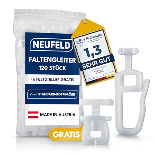 NEUFELD® 120 Gardinengleiter für Innenlaufschienen (inkl. 6 Feststeller) | 7mm Faltengleiter für Gardinenschienen, Vorhangschienen | Gardinenrollen von NEUFELD