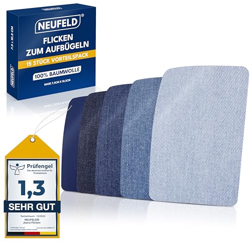 NEUFELD® Flicken zum Aufbügeln [15 Stück] - Bügelflicken 5 Farben - Jeans Flicken zum Aufbügeln Innen und Außen - Aufbügel Flicken hochwertig (Blau-Set) von NEUFELD