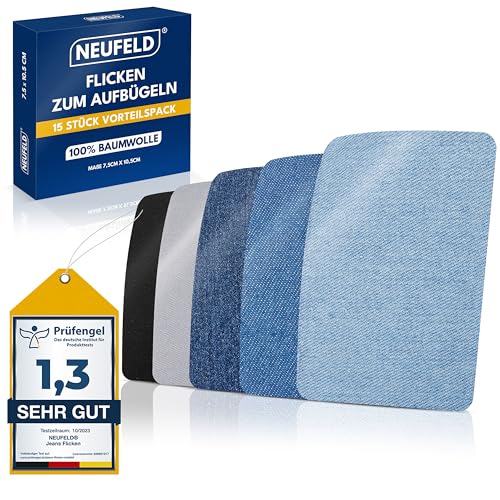 NEUFELD® Flicken zum Aufbügeln [15 Stück] - Bügelflicken 5 Farben - Jeans Flicken zum Aufbügeln Innen und Außen - Aufbügel Flicken hochwertig von NEUFELD