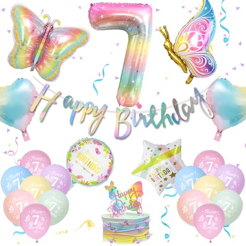 Deko 7. Geburtstag Mädchen, Schmetterling Deko Geburtstag mit Happy Birthday Girlande, Luftballon 7. Geburtstag, Ballons Pastell, Schmetterling Folienballon Tortendeko für 7 Jahr Geburtstag Party Deko Deko 7. Geburtstag Mädchen, Schmetterling Deko Geburtstag mit Happy Birthday Girlande, Luftballon 7. Geburtstag, Ballons Pastell, Schmetterling Folienballon Tortendeko für 7 Jahr Geburtstag Party Deko von NEUFOOD