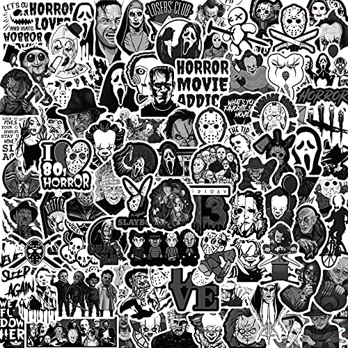 Aufkleber 100 Stück, Horror Film Charaktere Aufkleber, Graffiti Wasserfeste Vinyl schwarz & weiß Horror Sticker für Laptop, Koffer, Halloween, Wand Deko von NEULEBEN