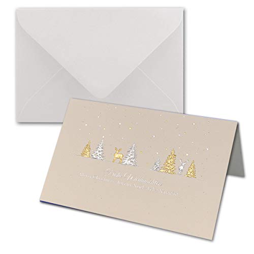 NEUSER PAPIER 10 Sets Weihnachtskarten DIN B6 ÖKO-Doppelkarten mit hochwertiger Gold-Silber Metallic-Prägung - Weihnachtswald mit Hirschen - Inklusive Umschläge in Weiß - Format 17,0 x 11,5 cm von NEUSER PAPIER