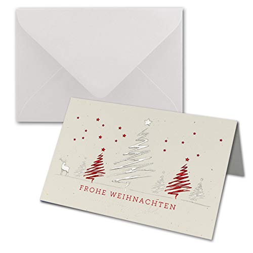 NEUSER PAPIER 10 Sets Weihnachtskarten DIN B6 ÖKO-Doppelkarten mit hochwertiger Silber-Rot Metallic-Prägung - Design Tannenbaum mit Hirschen - Inklusive Umschläge in Weiß - Format 17,0 x 11,5 cm von NEUSER PAPIER