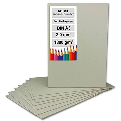 NEUSER PAPIER 100x Buchbinderpappe DIN A3 (29,7 x 42 cm) - Stärke 3,0 mm (0,3 cm) - Grammatur: 1800 g/m² - Graupappe zum Basteln, Modellbau, Buchbinden von NEUSER PAPIER