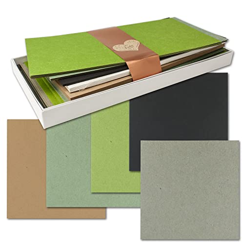 25x Quadratisches Faltkarten SET aus Kraftpapier 15,0 x 15,0 cm - Doppelkarten mit Briefumschlägen und Einlegeblättern - Braun, Grün, Hellgrün, Schwarz, Grau von NEUSER PAPIER