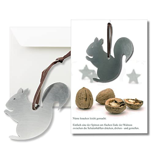 2x Grußkarten mit echtem Edelstahl-Nussknacker Form Eichhörnchen und Lederband inklusive Umschlägen in Naturweiß Format DIN B6 von NEUSER PAPIER
