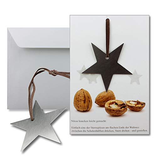2x Grußkarten mit echtem Edelstahl-Nussknacker Form Stern und Lederband inklusive Umschlägen in Naturweiß Format DIN B6 von NEUSER PAPIER