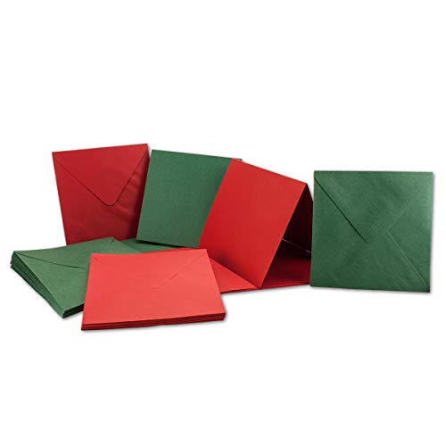 30x quadratisches Falt-Karten Set inklusive Brief-Umschläge - Blanko Einladungskarten in Rot und Grün - 135 x 135 mm (13,5 x 13,5 cm) Klappkarten von NEUSER PAPIER