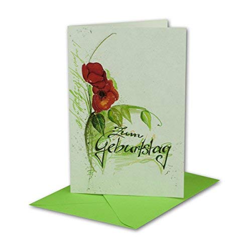 Geburtstagskarten Set 50 Stück mit Umschlag Grün DIN B6 - Motiv Aquarell Mohnblume Rot Grün - Zum Geburtstag - Glückwunschkarte Geburtstag Klappkarte von NEUSER PAPIER
