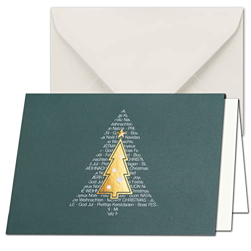 NEUSER PAPIER 10 Sets grüne Weihnachtskarten DIN B6 Doppelkarten mit goldener Folienprägung - Weihnachtsbaum in mehreren Sprachen - Inklusive Umschläge in Creme - 17,0 x 11,5 cm von NEUSER PAPIER