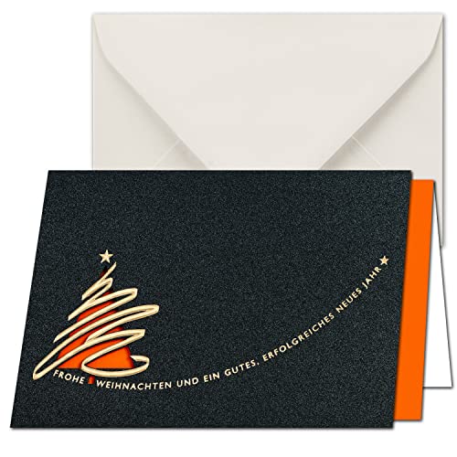 NEUSER PAPIER 25 Sets Weihnachtskarten Cut-out DIN B6 Doppelkarten mit goldener Folienprägung und Motiv Stanzung - Weihnachtbaum - Inklusive Einleger in Orange & Umschläge in Creme - 17,0 x 11,5 cm von NEUSER PAPIER