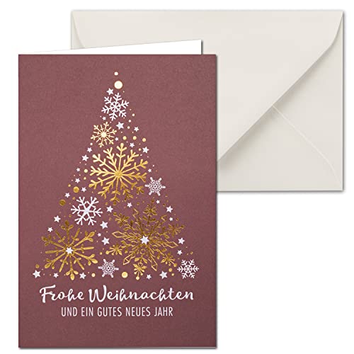 NEUSER PAPIER 25 Sets rote Weihnachtskarten DIN B6 Doppelkarten mit goldener Folienprägung - Weihnachtsbaum aus Schneeflocken - Inklusive Umschläge in Creme - 17,0 x 11,5 cm von NEUSER PAPIER