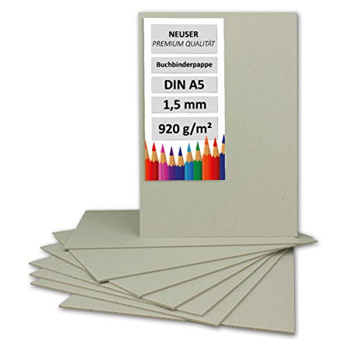 NEUSER PAPIER 250 Stück Buchbinderpappe DIN A5 - Stärke 1,5 mm (0,15 cm) - Grammatur: 920 g/m² - Format: 21 x 14,8 cm - Farbe: Grau-Braun von NEUSER PAPIER