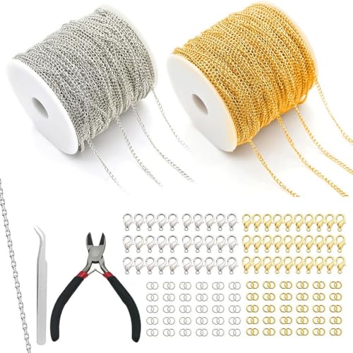NEUSID 2 Rollen 10m Gliederkette Meterware, Gold Silber Chain 2.4mm Ketten Basteln Schmuckkette mit 60 Karabinerverschluss und 120 Ringen, Kleine Zangen Pinzetten für Schmuck DIY Herstellung von NEUSID