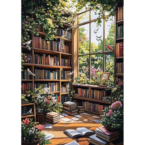 NEWENMO 5D Buchhandlung Diamond Painting Full Drill,Bücherregal Diamant Painting Bilder Erwachsene 30x40cm,Blume Diamant Malerei Erwachsene Set,Diamond-Painting Set,für Schlafzimmer,Büro Dekoration von NEWENMO