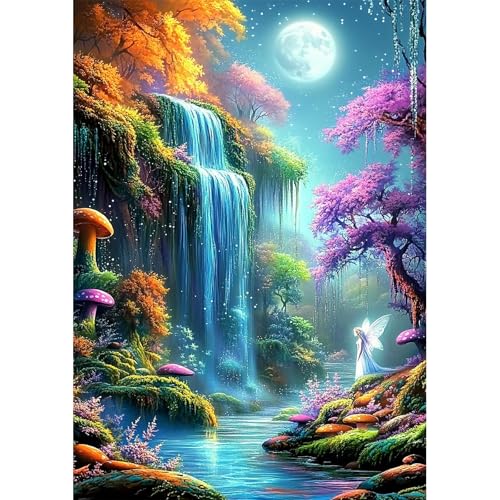 NEWENMO 5D Bunter Traumwald Diamond Painting Set Erwachsene,DIY Wasserfall Diamant Painting Bilder 30x40cm,Fee Diamant Malerei Kit,Vollmond Diamond-Painting Set,für Schlafzimmer Büro Dekoration von NEWENMO