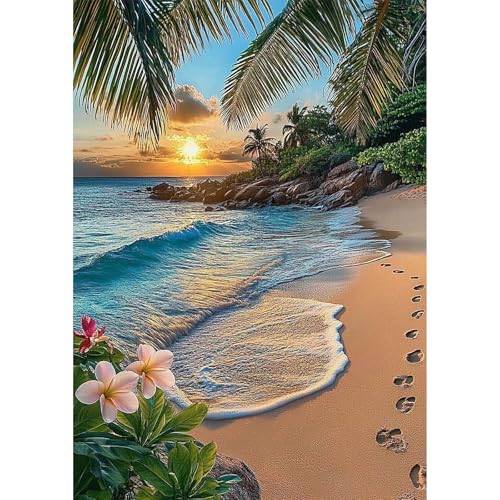 NEWENMO 5D Schöne Strände Diamond Painting Full Drill,Palmen und Blumen Diamant Painting Bilder 30x40cm,Diamant Malerei Erwachsene Set,DIY Diamond-Painting Kit,für Schlafzimmer Wohndekoration von NEWENMO