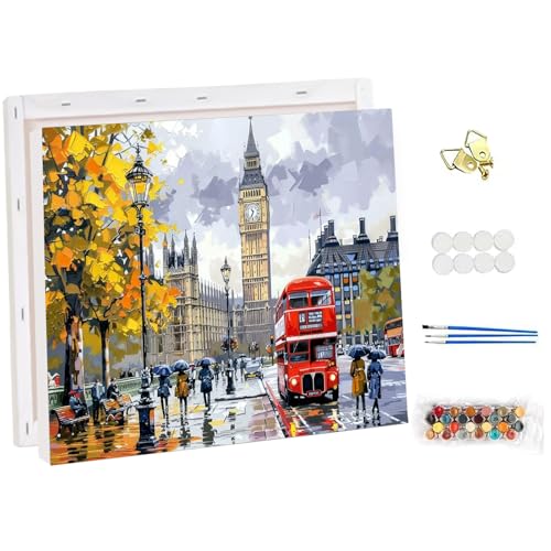 NEWENMO Big Ben Malen Nach Zahlen Erwachsene mit Rahmen,London Straßen Paint by Numbers,Roter Bus Malen Nach Zahlen Kits,DIY Handgemalt Ölgemälde Kit,für Anfänger Home Dekoration-30x40cm von NEWENMO