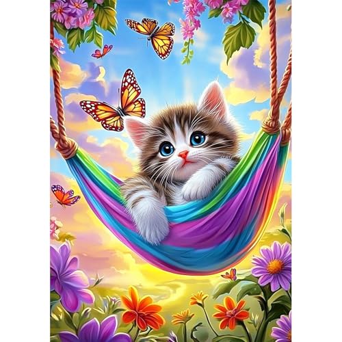 NEWENMO Cartoon Süßes Kätzchen Diamond Painting Kit Erwachsene,5D Bunte Hängematte Diamant Painting Bilder 30x40cm,Schmetterlinge und Blumen Diamant Malerei Set,für Schlafzimmer Büro Dekoration von NEWENMO