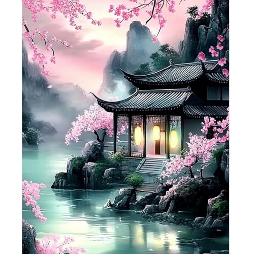 NEWENMO Chinesischen Stil Architektur Malen Nach Zahlen Kit,Kirschblüten Paint by Numbers Adult,Malen Nach Zahlen Erwachsene,Einfaches DIY Handgemalt Ölgemälde,für Anfänger Home Dekoration 40x50cm von NEWENMO