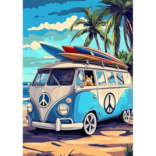 NEWENMO DIY Blau-weißer Bus Diamond Painting Kit Erwachsene,5D Palmen Diamant Painting Bilder,Schöner Strand Diamant Malerei Kit Complete,Aesthetic für Wanddekoration,Home Geschenke,30x40cm von NEWENMO