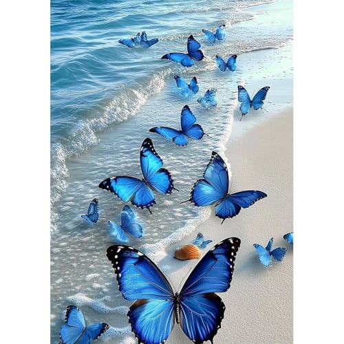 NEWENMO DIY Blauer Ozean und Schmetterlinge Diamond Painting Bilder,5D Meereswelle Diamant Painting Bastelset Erwachsene,Angenehme Küste Diamant Malerei Kit,für Anfänger Home Geschenk-30x40cm von NEWENMO