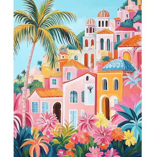 NEWENMO DIY Bunte Haus Malen Nach Zahlen Erwachsene,Palme Paint by Numbers Adult,Schöne Blumen Malen Nach Zahlen Kits,DIY Handgemalt Ölgemälde Set mit Pinseln und Acrylfarben,für Home Decor 40x50cm von NEWENMO