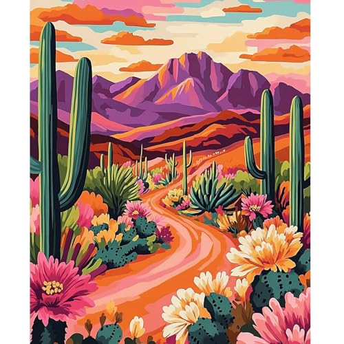 NEWENMO DIY Bunte Wüste Malen Nach Zahlen Erwachsene,Bunte Blumen Paint by Numbers Adult,Kaktus Malen Nach Zahlen Kits,DIY Handgemalt Ölgemälde Set mit Pinseln und Acrylfarben,für Home Decor 40x50cm von NEWENMO