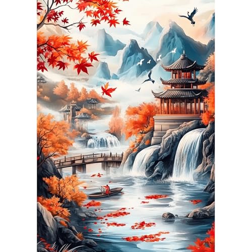 NEWENMO DIY Chinesische Architektur Diamond Painting Kit Erwachsene,5D Ahornblätter Diamant Painting Bilder,Brücken und Flüsse Diamant Malerei Kit,Aesthetic für Wanddekoration,Home Geschenke,30x40cm von NEWENMO