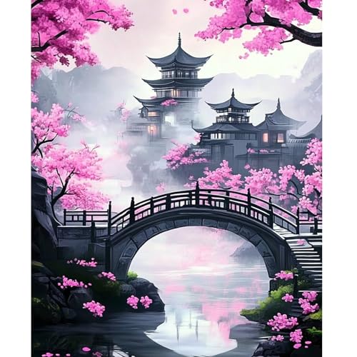 NEWENMO DIY Kirschblüte Malen Nach Zahlen Erwachsene,Chinesische Architektur Paint by Numbers,Malen Nach Zahlen Kits,DIY Handgemalt Ölgemälde Set mit Pinseln und Acrylfarben,für Home Decor 40x50cm von NEWENMO