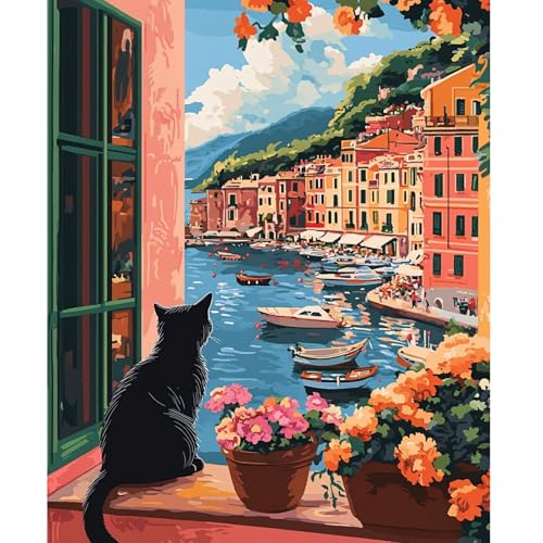 NEWENMO DIY Seelandschaft Malen Nach Zahlen Erwachsene,Schwarze Katze Paint by Numbers Adult,Malen Nach Zahlen Kits,DIY Handgemalt Ölgemälde Set mit Pinseln und Acrylfarben,für Home Decor 40x50cm von NEWENMO