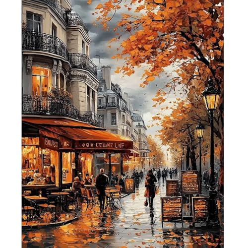 NEWENMO DIY Stadtlandschaft Malen Nach Zahlen Erwachsene,Straßen von Paris Paint by Numbers Adult,DIY Herbstblätter Handgemalt Ölgemälde Set mit Pinseln und Acrylfarben,für Heimdekoration 40x50cm von NEWENMO