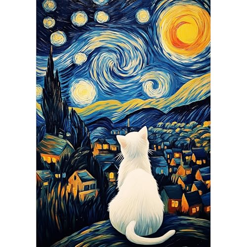 NEWENMO DIY Sternenhimmel Weiße Katze Diamond Painting Erwachsene,5D Cartoon-Stil Diamant Painting Bilder,Abstract Diamant Malerei Kit Complete,Aesthetic für Wanddekoration,Home Geschenke,30x40cm von NEWENMO
