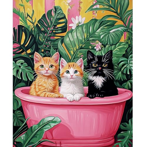 NEWENMO Drei Entzückende Katzen Malen Nach Zahlen Kit,Rosa Badewanne Paint by Numbers Adult,Malen Nach Zahlen Erwachsene Set,Einfaches DIY Handgemalt Ölgemälde,für Anfänger Home Dekoration 40x50cm von NEWENMO