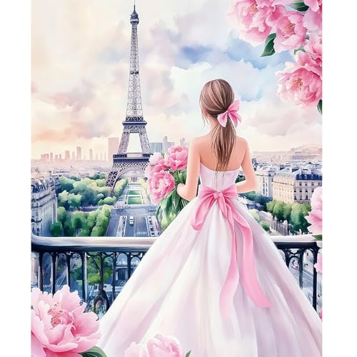 NEWENMO Eiffel Tower Malen Nach Zahlen Erwachsene,Elegante Dame Paint by Numbers,DIY Handgemalt Ölgemälde Kit,Blumen Malen Nach Zahlen Kits mit Pinseln und Acrylfarbe,für Home Dekoration 40x50cm von NEWENMO