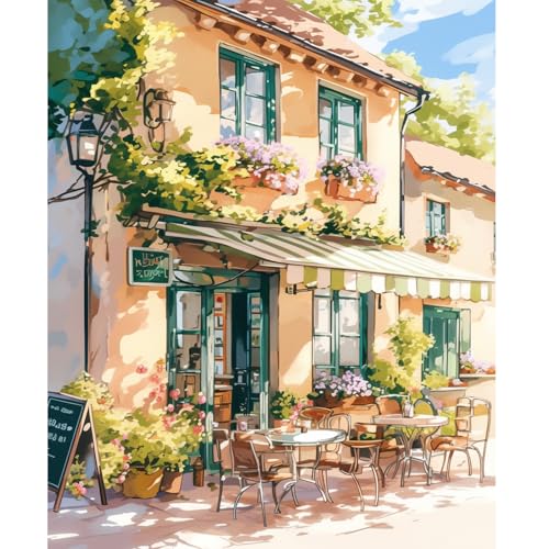 NEWENMO Gemütliches Café Malen Nach Zahlen Erwachsene Set,Schönes Blumen Paint by Numbers,Alte Europäische Stadt Malen Nach Zahlen Kit,Einfaches DIY Handgemalt Ölgemälde,für Home ekoration 40x50cm von NEWENMO
