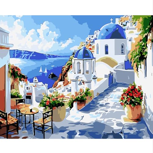 NEWENMO Griechische Architektur Nach Zahlen Erwachsene,Seelandschaft Paint by Numbers,DIY Blume Handgemalt Ölgemälde Kit,Malen Nach Zahlen Kits mit Pinseln und Acrylfarbe,für Home Decor 40x50cm von NEWENMO