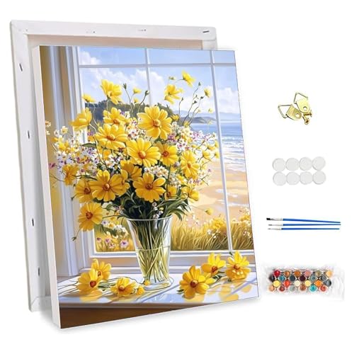 NEWENMO Hübsche Gelbe Blumen Malen Nach Zahlen Erwachsene mit Rahmen,Landschaft Paint by Numbers Adult,Einfaches Handgemalt Ölgemälde Kit,DIY Malen Nach Zahlen Leinwand,für Home Dekoration 30x40cm von NEWENMO