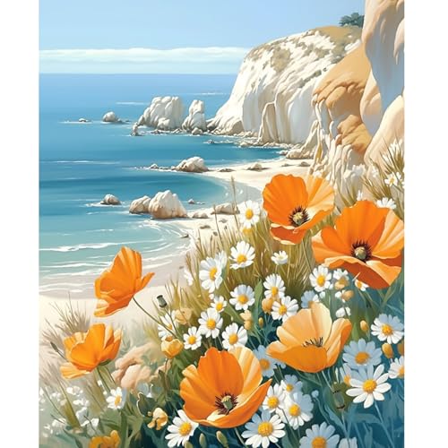 NEWENMO Malen Nach Zahlen Erwachsene Set,Orangerote Mohnblume und Weiße Blumen Paint by Numbers,Strand und Wellen Malen Nach Zahlen Kit,Einfaches DIY Handgemalt Ölgemälde,für Home Dekor 40x50cm von NEWENMO