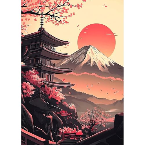 NEWENMO Mount Fuji Japanischer Stil Diamond Painting Kit Erwachsene,5D Sonnenuntergang Diamant Painting Bilder,DIY Kirschblüte Diamant Malerei Kit,Aesthetic für Wanddekoration,Home Geschenke,30x40cm von NEWENMO
