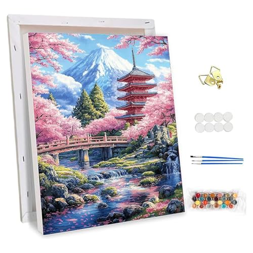 NEWENMO Mount Fuji Landschaft Malen Nach Zahlen Erwachsene mit Rahmen,Kirschblüten Paint by Numbers,DIY Handgemalt Ölgemälde,Malen Nach Zahlen Kits mit Pinseln und Acrylfarbe,für Home Decor-30x40cm von NEWENMO