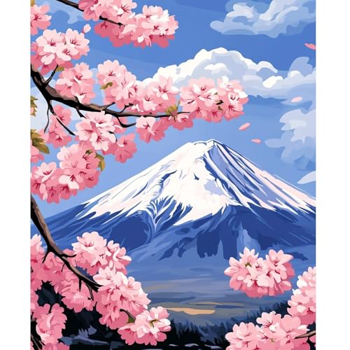 NEWENMO Mount Fuji Malen Nach Zahlen Erwachsene,Kirschblüte Paint by Numbers,DIY Rosa Blüten Handgemalt Ölgemälde Kit,Malen Nach Zahlen Kits mit Pinseln und Acrylfarbe,für Home Dekoration 40x50cm von NEWENMO