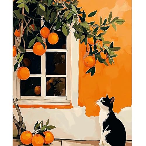 NEWENMO Orangenbaum Malen Nach Zahlen Erwachsene,Niedliche Katze Paint by Numbers,DIY Handgemalt Ölgemälde Kit,Malen Nach Zahlen Kits mit Pinseln und Acrylfarbe,für Anfänger Home Dekoration-40x50cm von NEWENMO