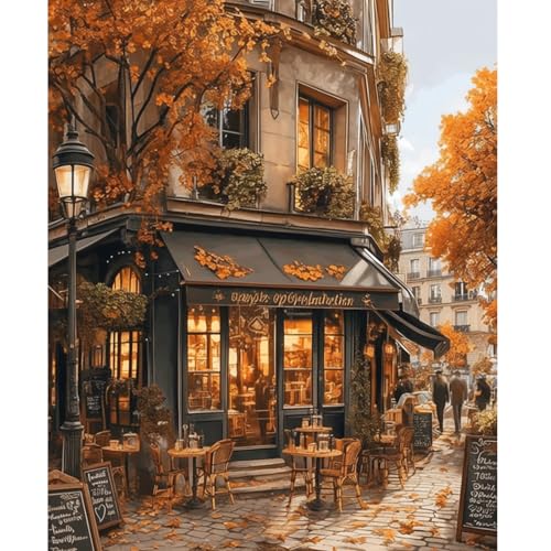 NEWENMO Pariser Cafe Malen Nach Zahlen Erwachsene Set,Stadtlandschaft Paint by Numbers,Atmosphäre im Herbst Malen Nach Zahlen Kit,Einfaches DIY Handgemalt Ölgemälde,für Anfänger Home Dekor 40x50cm von NEWENMO