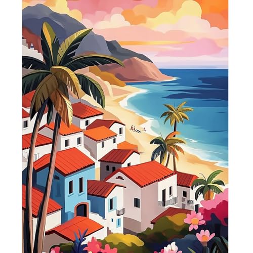 NEWENMO Rosa Himmel Malen Nach Zahlen Erwachsene Set,Haus mit Meerblick Paint by Numbers Adult,Palme Malen Nach Zahlen Kit,Einfaches DIY Handgemalt Ölgemälde,für Anfänger Home Dekoration 40x50cm von NEWENMO