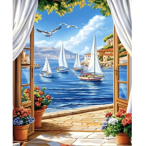 NEWENMO Seelandschaft Malen Nach Zahlen Erwachsene Set,Schiff und Vogel Paint by Numbers Adult,Blume Malen Nach Zahlen Kit,Einfaches DIY Handgemalt Ölgemälde,für Anfänger Home Dekoration 40x50cm von NEWENMO