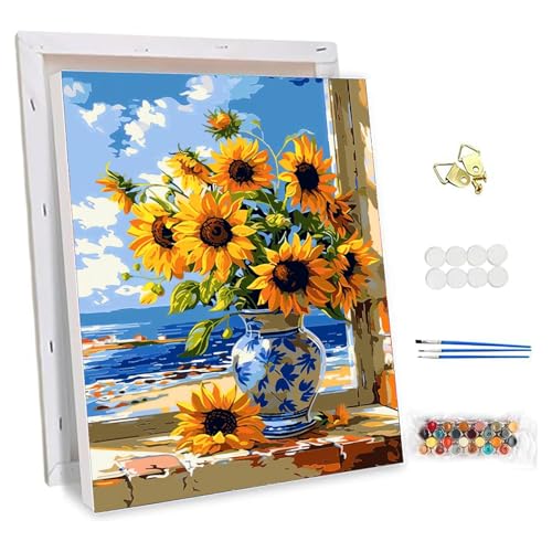 NEWENMO Sonnenblumen Malen Nach Zahlen Erwachsene mit Rahmen,Schöne Blumen Paint by Numbers,DIY Handgemalt Ölgemälde Kit für Anfänger,Landschaft Malen Nach Zahlen Kits,für Home Dekoration-30x40cm von NEWENMO